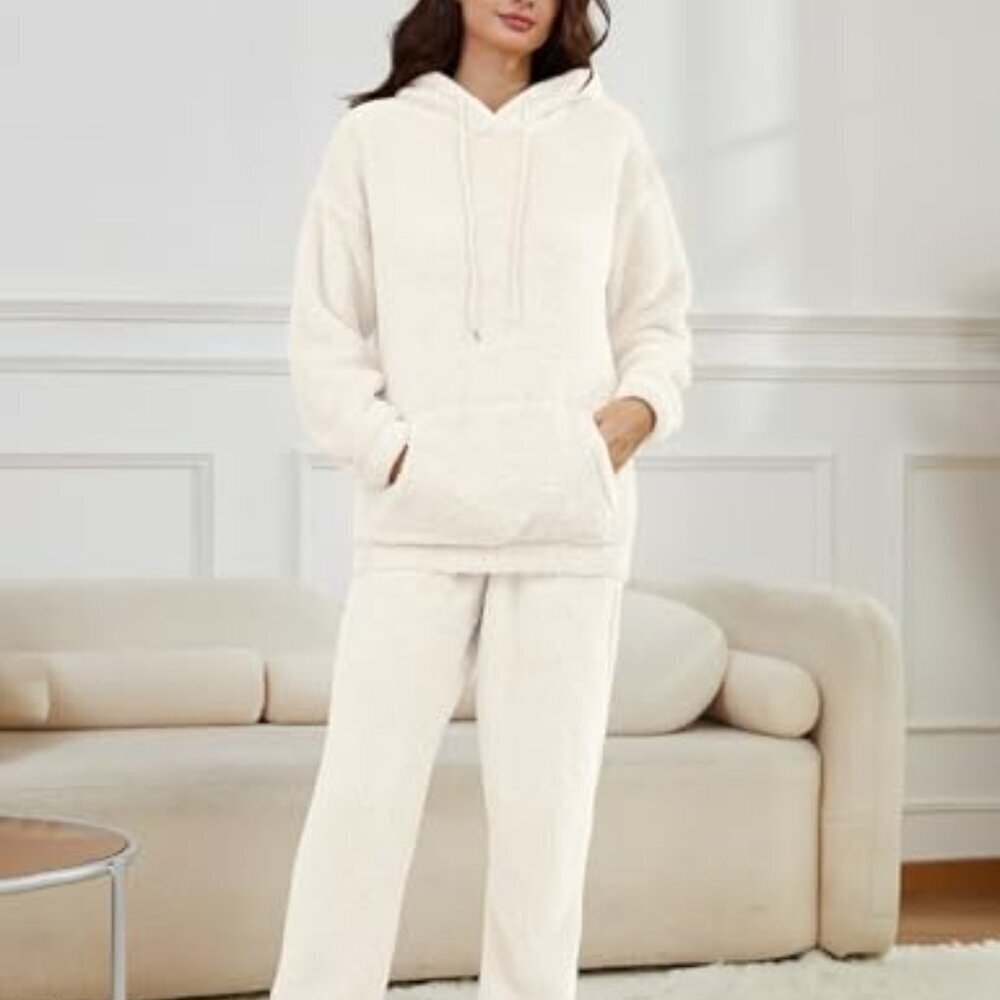 Fleece Pajama Set Cozy Loungewear Hoodie Pants Fuzzy Sleepwear Oversized Chic - Picture 4 of 8